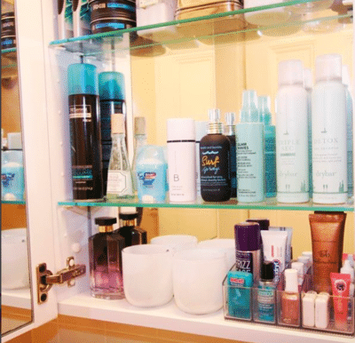inside of a mirrored medicine cabinet