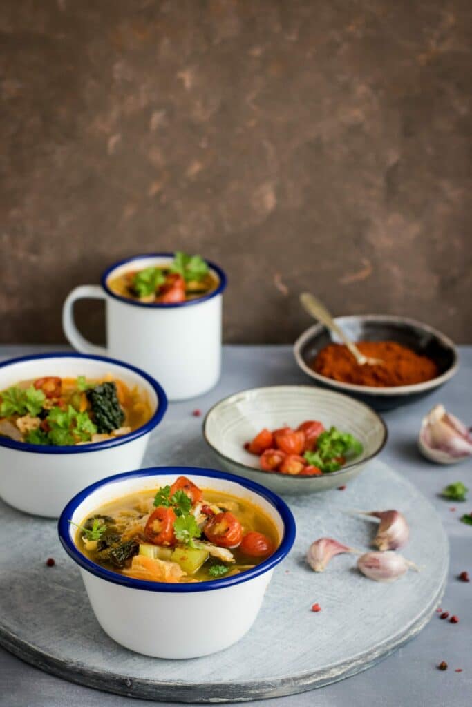 different bowls of soup of a lazy susan